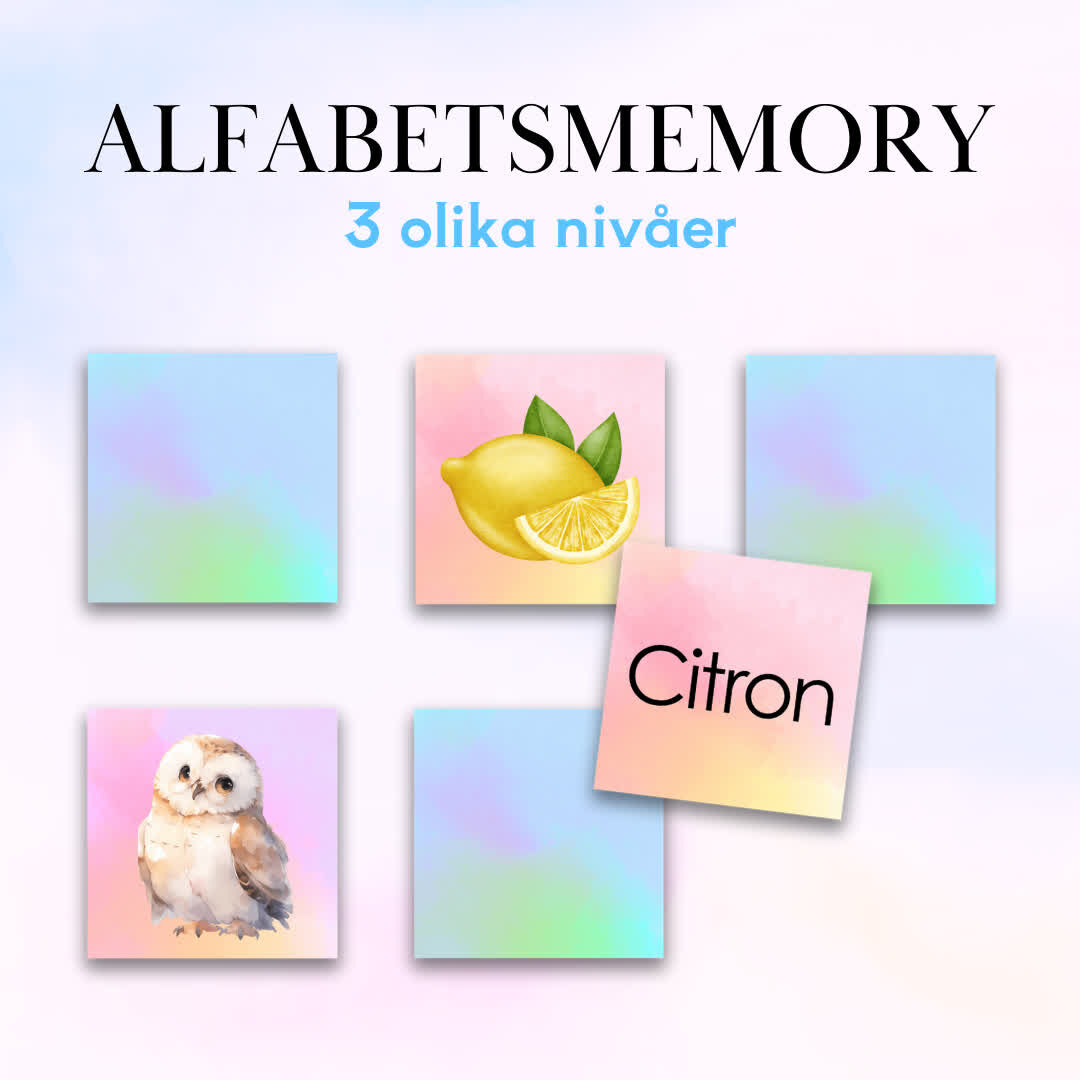Utforska läsinlärningens värld med vårt Alfabetsmemory – ett vackert designat och lärorikt spel för unga läsare. Inspirerat av vattenfärgs-estetiken, erbjuder spelet fyra varianter där spelaren matchar bilder med ord, bokstäver, små och stora bokstäver. En pedagogisk resa in i alfabetets magi, perfekt för hemmet eller klassrummet.  Spelvarianter:  Bild + Ord: Bygger upp ordförråd genom att matcha bilder med motsvarande ord. Bild + Bokstav: Interaktiv inlärning av bokstäver, stärker alfabetets grunder och ger träning på ljudning på ett roligt sätt. Liten Bokstav + Stor Bokstav: Utvecklar bokstavskännedom genom att matcha små och stora bokstäver. Egen Matchningsvariant: Skapa unika matchningar baserat på behov eller introducera egna läsinlärningselement. Produktfunktioner:  Fyra Olika Korttyper: Varierade korttyper för stimulerande spelupplevelser. Lärorikt och Roligt: Främjar läs- och skrivfärdigheter genom rolig interaktivitet och pedagogisk design. Alfabetsmemory – mer än ett spel, en nyckel till läsinlärningens magi. 